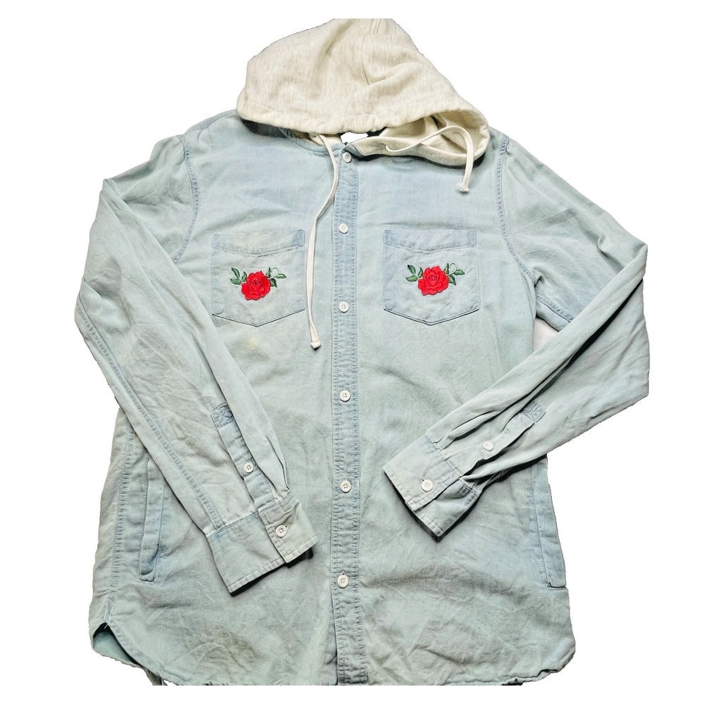 PacSun Hooded Denim Shirt Mens Medium Light Wash Rose Embroidery Streetwear READ